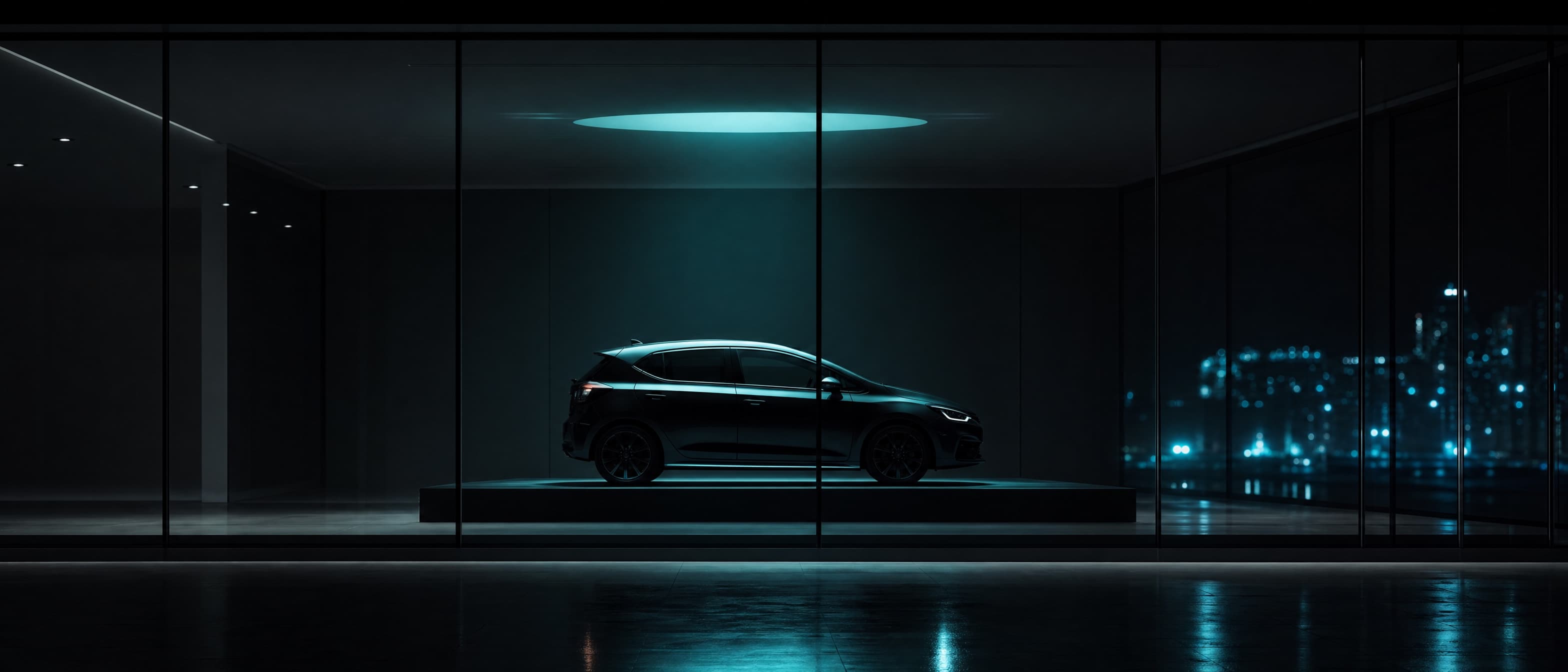 A single car lit by a teal ceiling light inside a dark glass showroom at night, a city skyline reflected outside.