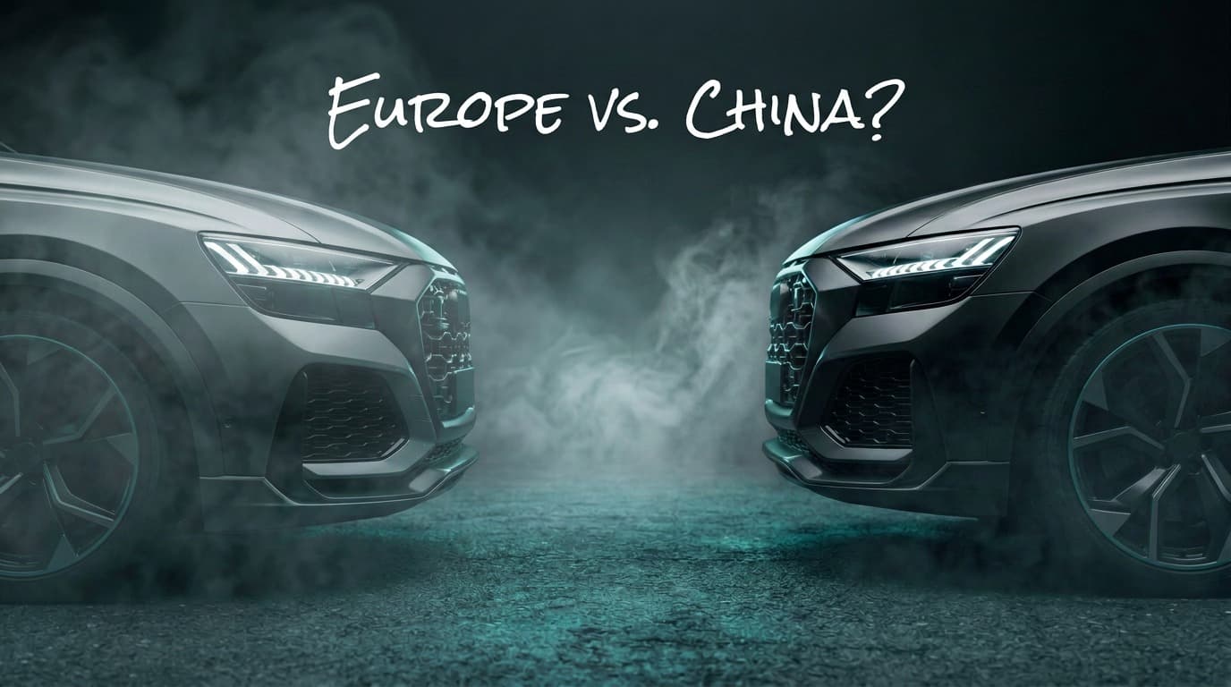 Two SUVs facing each other head-on across a smoke-filled space, headlights lit, evoking a face-off between Europe and China.
