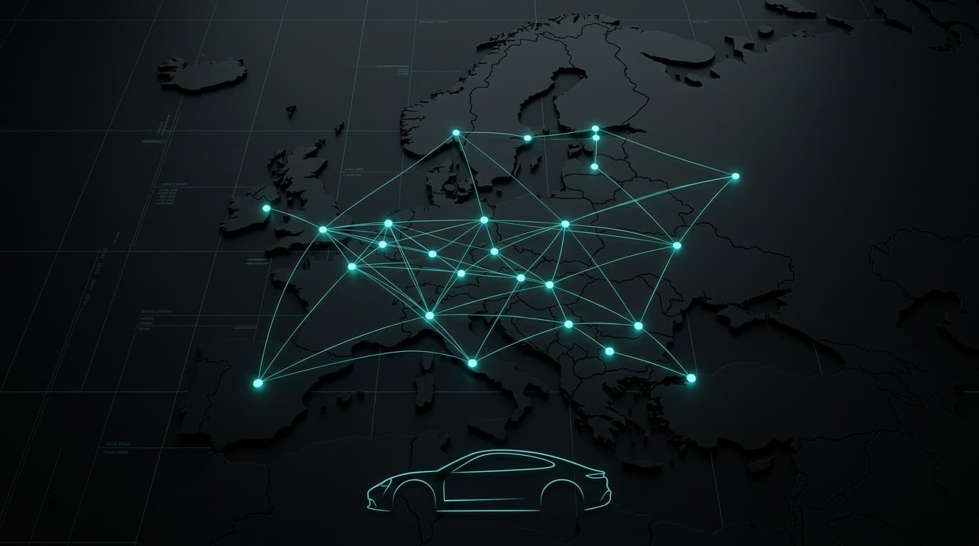 A dark map of Europe with glowing teal nodes connected across the continent, a car outline beneath it.