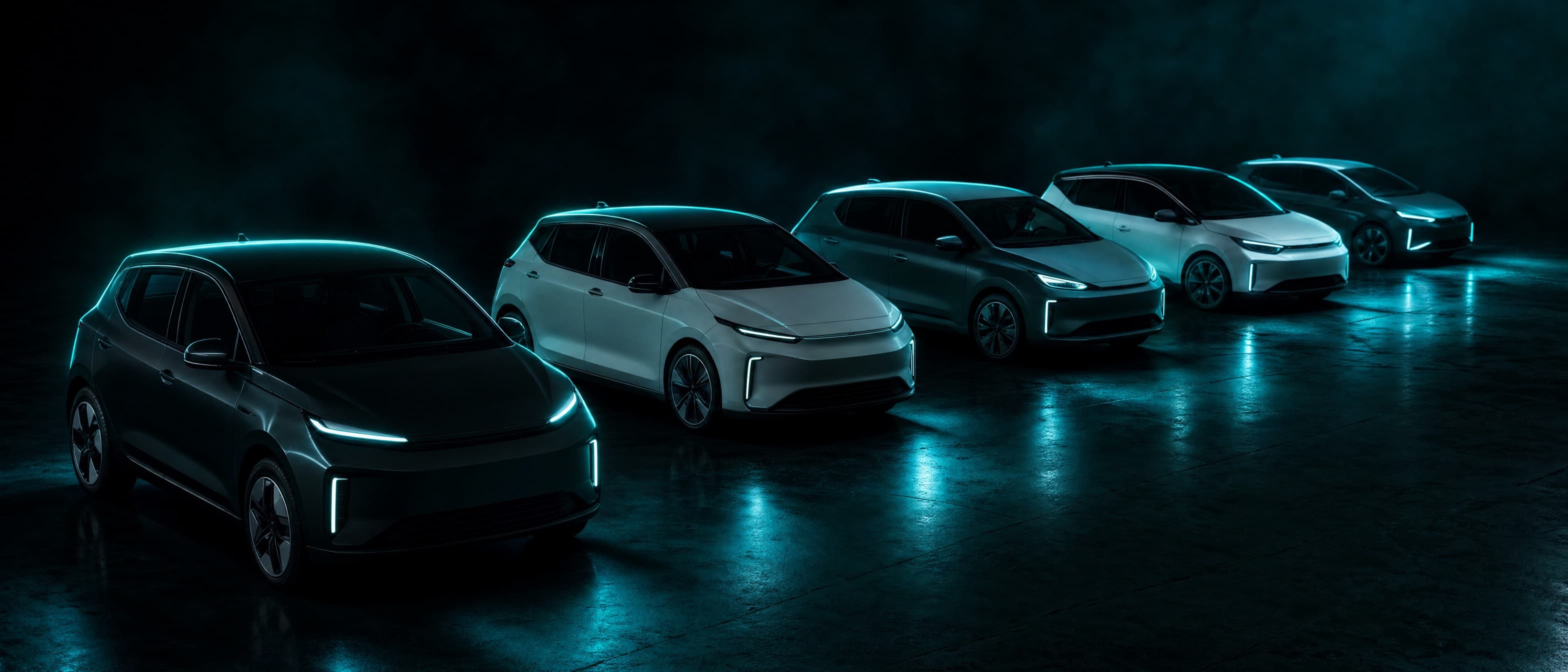 A lineup of small electric cars in a dark studio, teal ambient lighting reflecting off the floor.